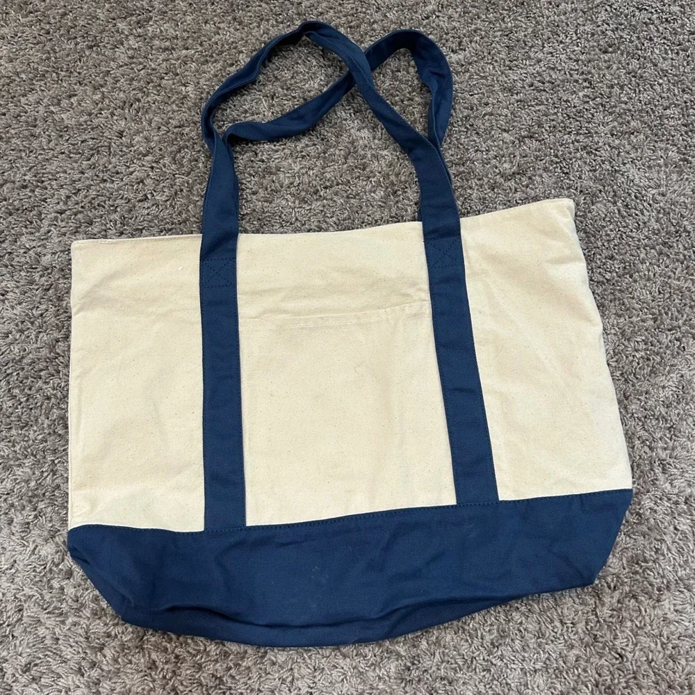 TOPDesign Large Canvas Tote Bag Navy Blue Bottom Beige Shopping Zipper Pocket - Picture 1 of 9